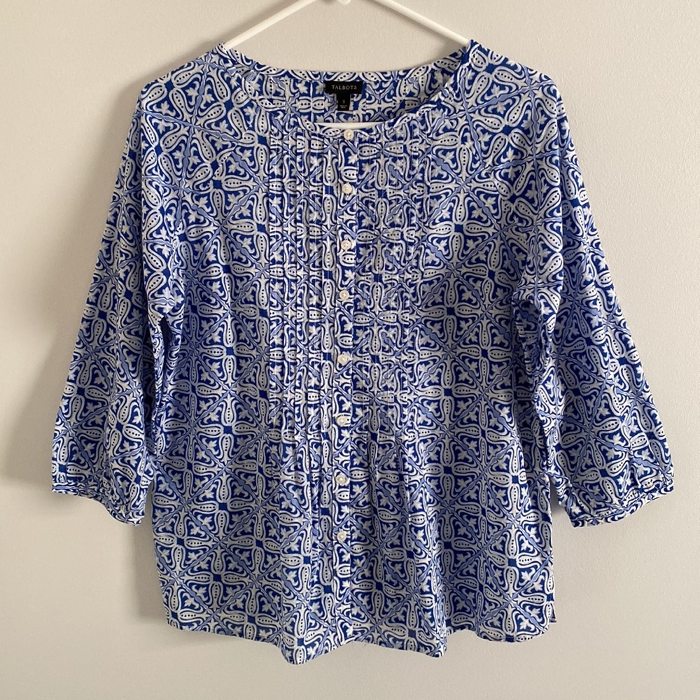 Talbots Women’s Flowy Blue White Cotton Blouse Size Small 3/4 Sleeve